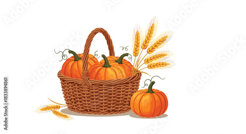 A rustic woven basket brimming with vibrant orange pumpkins and golden wheat stalks, symbolizing autumn's abundant harvest and seasonal bounty.
