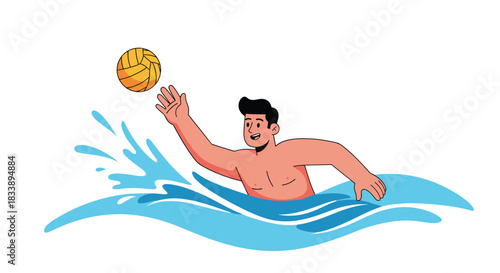 A smiling man playing water polo, actively reaching for the ball while swimming with water splashing dynamically.