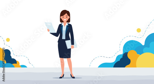 A confident and cheerful businesswoman in a navy suit holds important documents, standing in a modern, illustrative office environment.