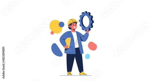 A cheerful engineer wearing a hard hat holds a gear and a book, symbolizing engineering, education, and problem-solving.