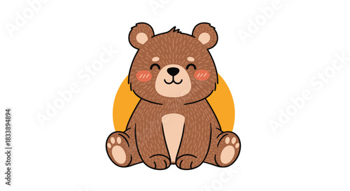 A cute cartoon brown bear with a happy smile and rosy cheeks is sitting against a yellow circle background.