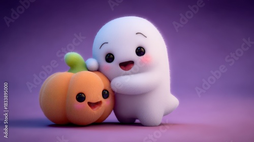Cute Ghost and Pumpkin Character Embrace in Whimsical Setting