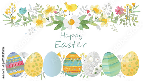 A whimsical watercolor illustration of a happy easter greeting featuring colorful decorated eggs delicate floral arrangements and cute little birds on a white background