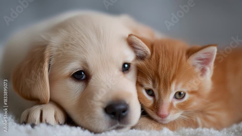 Incredibly cute puppy and ginger kitten snuggling. Best animal friends.