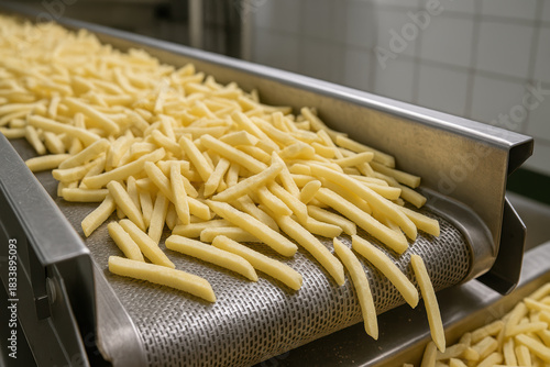 Frozen french fry flowing on conveyor belt in factory. Industrial food production of potato snack on an assembly line