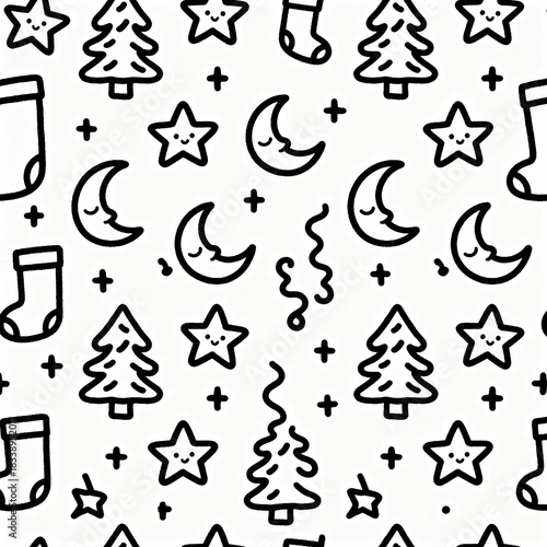 Cute Hand-Drawn Christmas Doodle Pattern Featuring Tiny Wobbly Trees, Sleeping Moons, Stars, and Stockings for Festive Designs