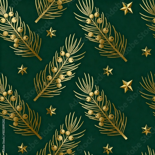 Elegant Vector Pattern of Delicate Pine Branches and Berries with Gold Accents on a Rich Green Background