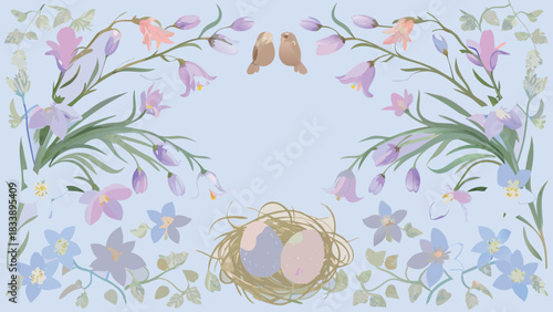 Charming spring illustration with delicate bluebells wildflowers a bird couple and a nest with two decorative eggs on a soft pastel blue background