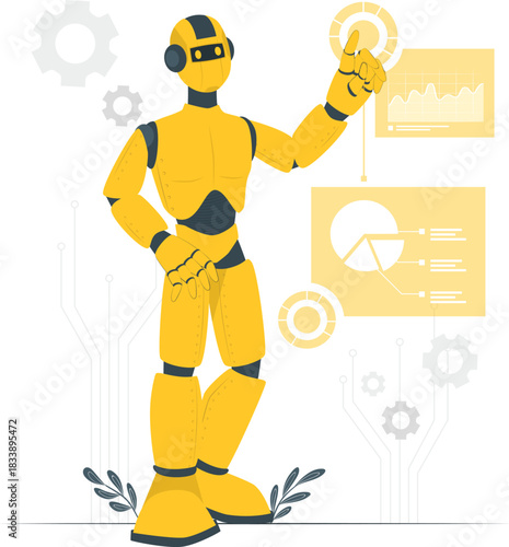 Yellow robot interacting with futuristic interface and charts android artificial intelligence