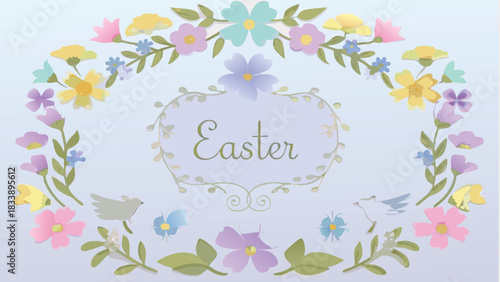 A beautiful pastel floral wreath with the word easter written inside a decorative frame featuring small birds and delicate flowers perfect for spring celebrations