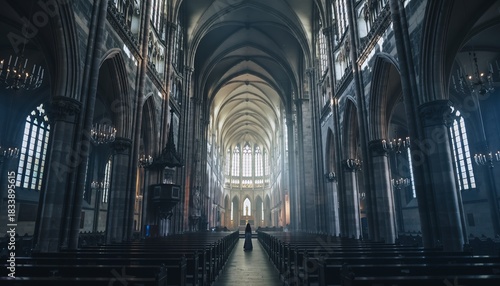 Grand Gothic Cathedral Interior with Tall Arched Ceilings and Stained Glass Windows