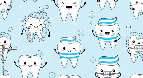 Seamless pattern of cute kawaii cartoon teeth characters brushing, flossing, and washing on a light blue background.