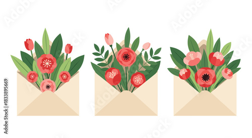 Set of three beautiful open envelopes containing elegant bouquets of red poppies and pink tulips with green leaves.