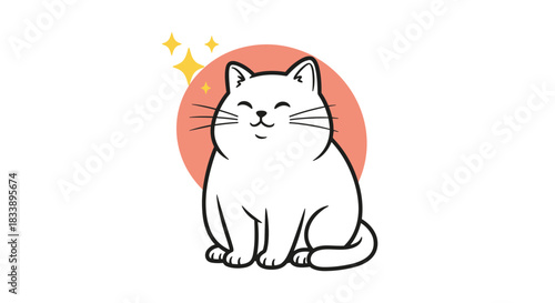 Adorable chubby white cat with a happy, smiling face and sparkling eyes, illustrated in a simple line art kawaii style.