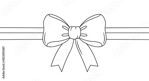 Simple black and white line art illustration of a decorative gift bow tied on a horizontal ribbon for celebration designs.