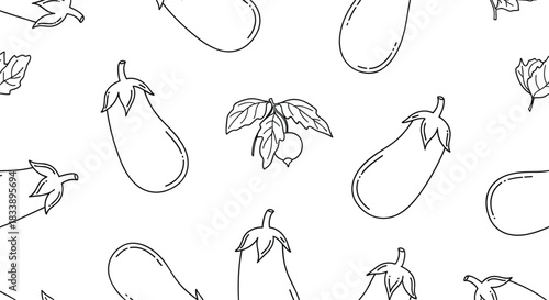 Seamless black and white pattern featuring hand-drawn outline illustrations of eggplants, perfect for fabric or wallpaper.