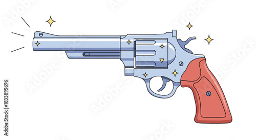 Classic silver revolver with a brown wooden grip, illustrated in a clean cartoon style with sparkles on a white background.