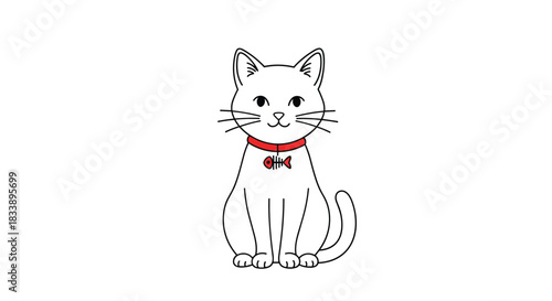 Simple line art illustration of a cute white cat sitting and looking forward, wearing a red collar with a fishbone tag.