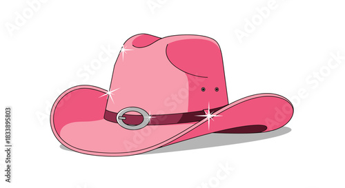 Shiny pink cowboy hat with a dark pink band and silver buckle, sparkling in a cute and glamorous cartoon style.