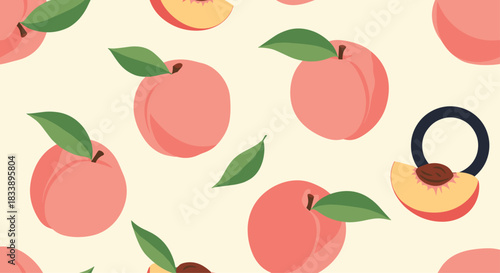 Seamless pattern of sweet pink peaches with green leaves, including whole fruits and slices, on a light yellow background.