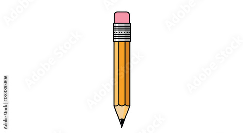 Simple cartoon illustration of a classic yellow wooden pencil with a sharp graphite tip and a pink eraser on the end.
