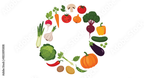 Circular frame made of various fresh cartoon vegetables like carrots, broccoli, tomatoes, and pumpkin on a white background.