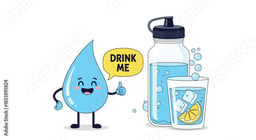 Cute water drop character giving a thumbs up next to a water bottle and glass, with a speech bubble saying "Drink Me".