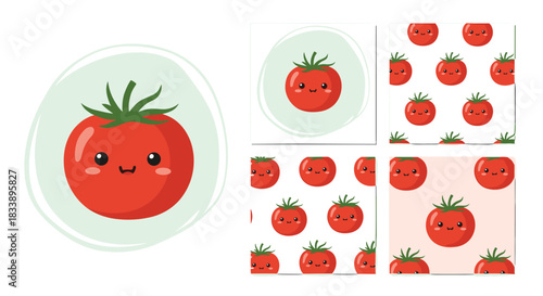 Set of cute kawaii tomato designs, including a single character icon and several seamless patterns for various applications.