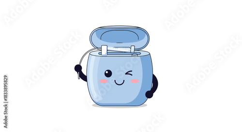 Cute kawaii dental floss character winking and holding a piece of floss, promoting oral hygiene and dental care for kids.
