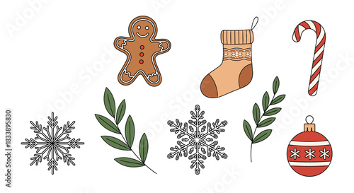Collection of cute, hand-drawn Christmas and winter holiday elements like a gingerbread man, stocking, candy cane, and snowflakes.