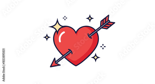 Cute cartoon red heart pierced by an arrow with sparkles, symbolizing love, romance, and Valentine's Day on a white background.