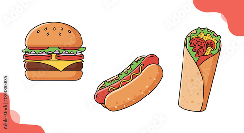 Set of three cartoon fast food items: a cheeseburger, a hot dog with mustard, and a shawarma or burrito wrap.