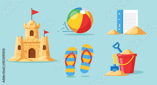 Set of summer beach vacation items including a sandcastle, beach ball, flip-flops, and a bucket and spade on sand.