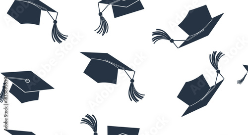 Seamless pattern of black graduation caps with tassels thrown in the air, on a simple white background for celebration.
