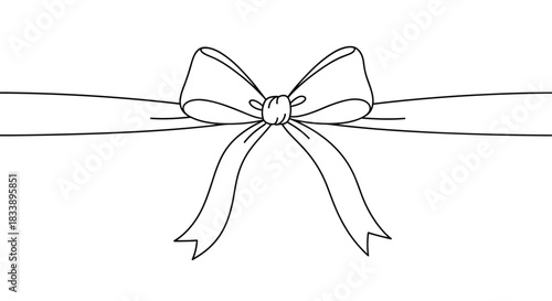 Simple and elegant hand-drawn line art illustration of a gift bow with a ribbon tied horizontally across the center.