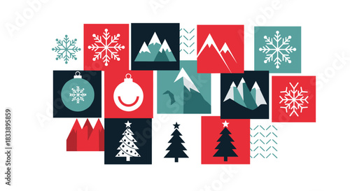 Modern geometric collage of winter and Christmas icons, including snowflakes, mountains, trees, and ornaments in a block pattern.