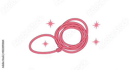 Cute pink lasso rope coiled up and sparkling, illustrated in a simple cartoon style associated with cowboys and the west.