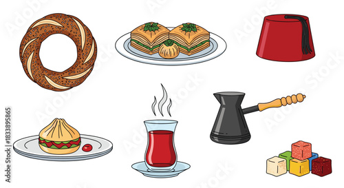 Set of traditional Turkish food, drink, and cultural icons, including baklava, simit, tea, coffee, and a fez hat.