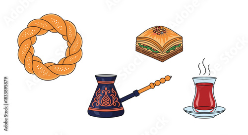 Set of four traditional Turkish food and drink illustrations including simit, baklava, a cezve for coffee, and a tea glass.