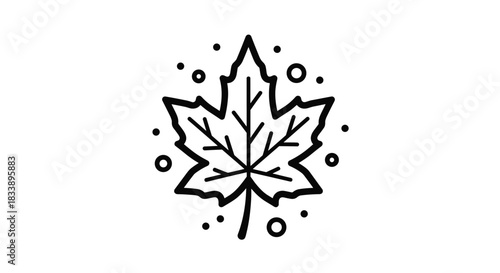 Simple black line art icon of a maple leaf surrounded by small dots, representing Canada, autumn, or nature in general.