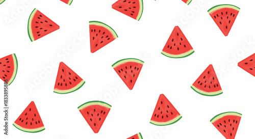 Seamless pattern of juicy red watermelon slices with green rinds, illustrated in a fun, hand-drawn style on white.