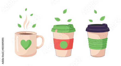 Set of eco-friendly tea and coffee cups, including a ceramic mug and reusable travel cups with green leaf details.