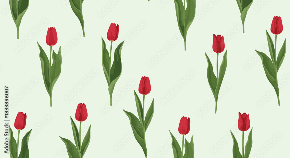 Obraz premium A lovely seamless floral pattern of red tulip flowers with green stems and leaves on a soft light green background vector.
