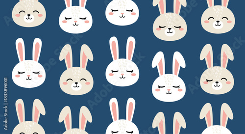Seamless pattern of cute and sleepy rabbit faces with long ears on a dark blue background, perfect for nursery decorations.
