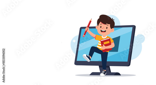 A happy young boy student with a book and pencil stepping out of a computer screen, representing online education concept.