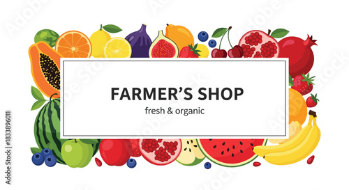 A Farmer's Shop banner with a rectangular text frame surrounded by a colorful variety of fresh and organic fruits vector.