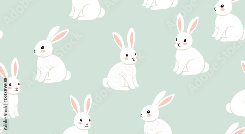 A cute and simple seamless pattern of white rabbits sitting in various poses on a soft, pastel green-blue background.
