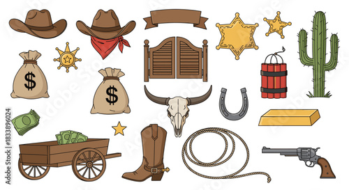 A large collection of Wild West and cowboy-themed cartoon icons, including hats, boots, a saloon, and a cactus vector.