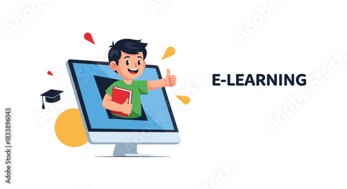 E-learning and online education concept banner with a happy boy student holding a book and giving a thumbs up from a computer.