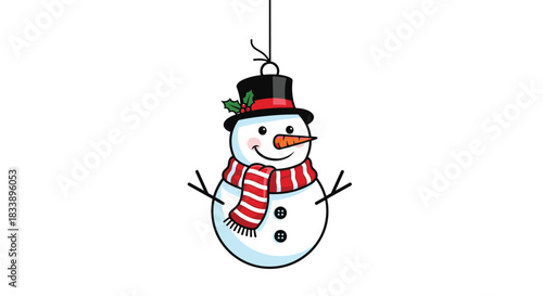 A cheerful cartoon snowman ornament with a top hat, carrot nose, and red scarf, hanging from a string for Christmas decoration.